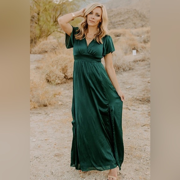 Baltic Born New Size L Prague Satin Smocked Empire‎ Waist Maxi Dress Dark Green - Picture 4 of 15